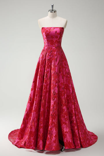Fuchsia A-Line Floral Strapless Long Prom Dress
